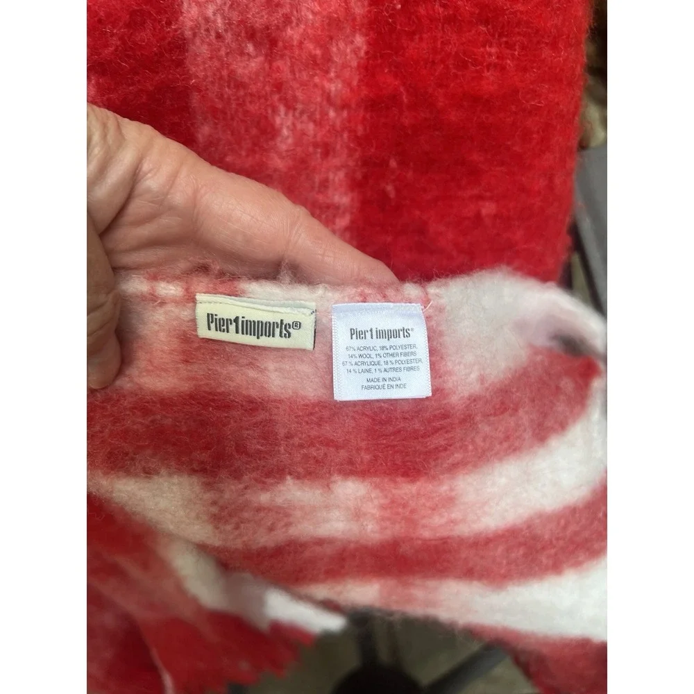 Pier One Import White Red Check Fringed Blanket Throw Holidays Size 68X52